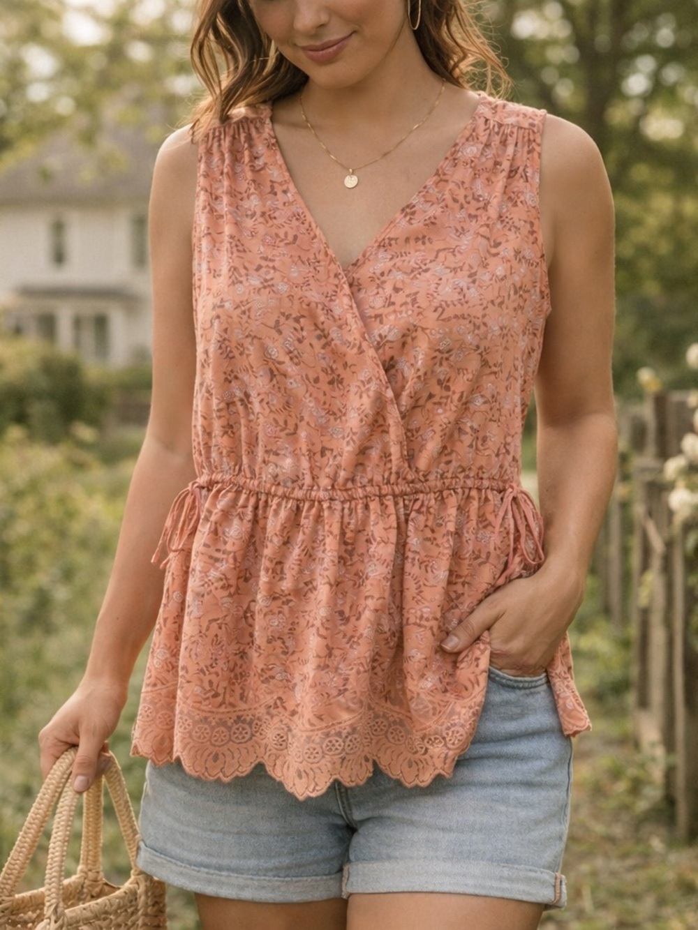 LC Lauren Conrad Floral Sleeveless Drawstring Peplum Top XL NWOT